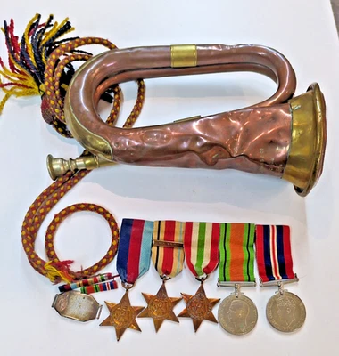 WW2 THOMAS DORKINS & CO BRASS BUGLE AND MEDALS ITALY AFRICA STAR GILL DG SIGNALS - Image 1 of 4