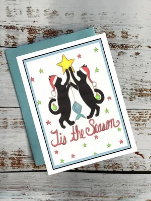Black Santa cats, Tis the Season, Christmas,  holiday card, notecard #492 - Image 1 of 2