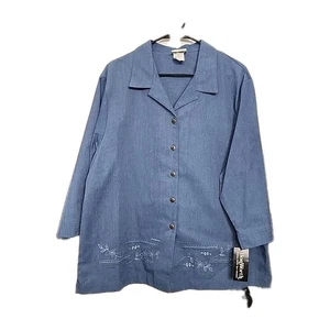 NWT Vintage BonWorth Women's XL Blue Embroidered Button-Up Shirt Top 3/4 Sleeve - Picture 1 of 8