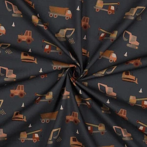 Stoff Meterware Fahrzeuge Baustelle Grau Baumwolle Kinder Bagger LKW Kran Deko - Bild 1 von 3