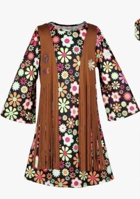 Hippie Costume Kids 60s Girl Halloween Fancy Dress - Image 1 of 4