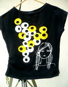 VTG TEEN GIRL L 14 GIRLS FACE MOD ART PAINTED LOK BLACK TOP YELLOW LIMITED TOO - Picture 1 of 4