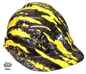 Hydro Dipped Hard Hat High Gloss Yellow Marble Splash 6 Point Ratchet Suspension - Picture 1 of 9