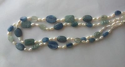Collana lunga 2 fili in cianite kyanite e perle di fiume Argento 925 87 cm - Immagine 1 di 3