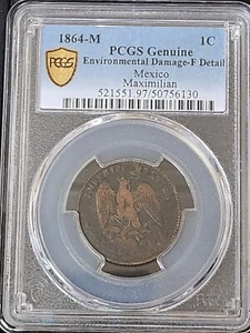 1864-M 1 CENTAVO MEXICAN EMPIRE MAXIMILIANO I Copper Coin PCGS F-Detail (Rare) - Picture 1 of 8