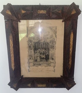 LARGE 1902 Antique Wood Folk Art carved Tramp Art Frame for 16" x12" image - Photo 1 sur 22