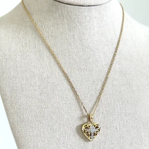 925 Sterling Silver Gold Vermeil Diamond Accent Cross Heart Pendant Necklace 18" - Picture 1 of 8