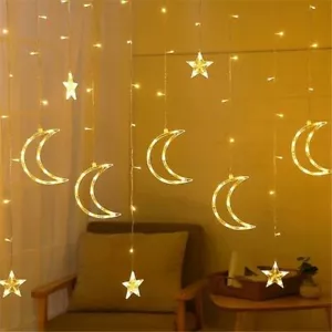 Solar Moon Star Curtain Lights 138 LED String Fairy Lights for Home Decor Window - Picture 1 of 7