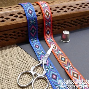 Thick Tribal Red Blue Geometric Dog Collar Jacquard Ribbon MA142 - Picture 1 of 8