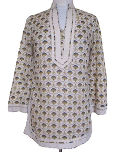 Tory Burch Tunic Top Beige Tan Blue Gold Floral Print Size 4 Women Long Sleeve - Picture 1 of 7