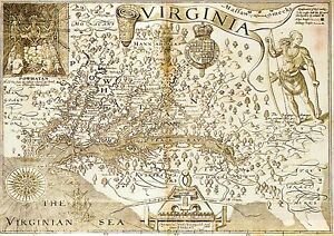 Map of Virginia by John Smith, published 1612, Chesapeake Bay, State -- Postcard