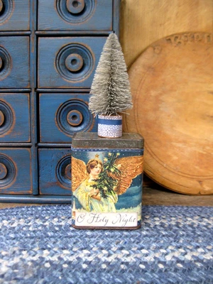 Antique Pantry Tin Calico Sleeve Angel Postcard Print w Bottle Brush Tree - Image 1 of 4