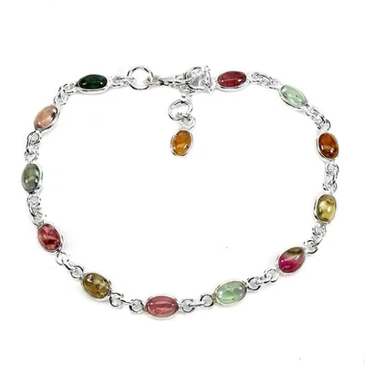 925 Sterling Silver Bracelet Oval Tourmaline 6x4mm Natural Gemstone Jewelry 7in - Image 1 of 4