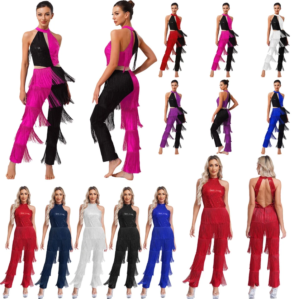 Damen Pailletten Neckholder Jumpsuit Tanzoverall Cha Cha Latein Tanzkotüm Party - Bild 1 von 4