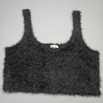 Derek Heart Black Fuzzy Crop Top Tank Halter Stretch Scoop Neck Women's Size L - Image 1 of 4