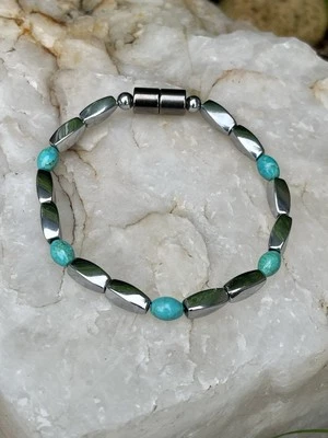 100% Silver Magnetic Hematite Turquoise Bracelet Anklet Necklace 1 Row Powerful - Image 1 of 4