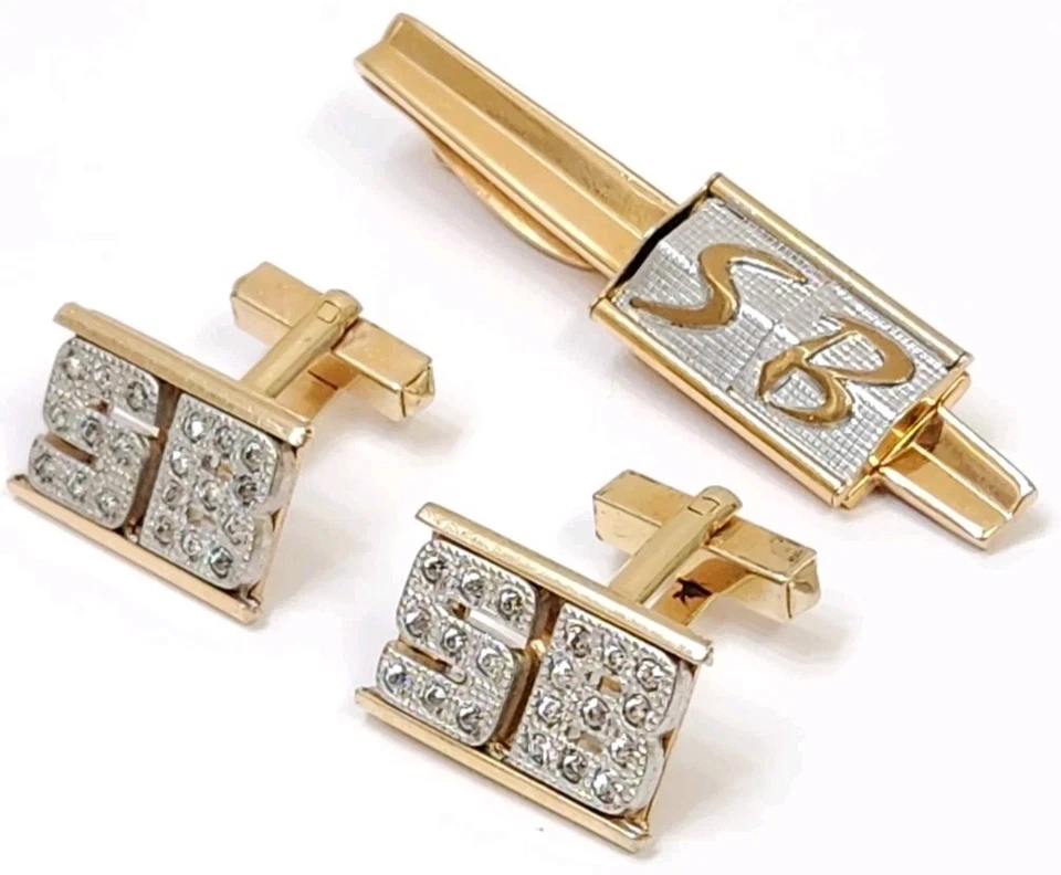 Vintage Signed Gold Tie Clip SB Initials Cubic Zirconia Cufflinks Matching Set - Image 1 of 4