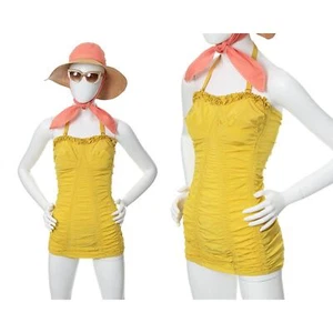 Vintage 1940s 1950s CATALINA Swimsuit 40s 50s Yellow Ruched Halter One Piece - Picture 1 of 10