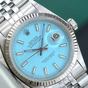 Rolex Mens Datejust Steel Baby Blue Dial White 18K Fluted Bezel 36Mm Watch 1601 - Picture 1 of 21