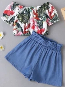 Two-Piece Set Toddler Girls Leaf Print Bardot Top & Shorts NEW - Picture 1 of 4