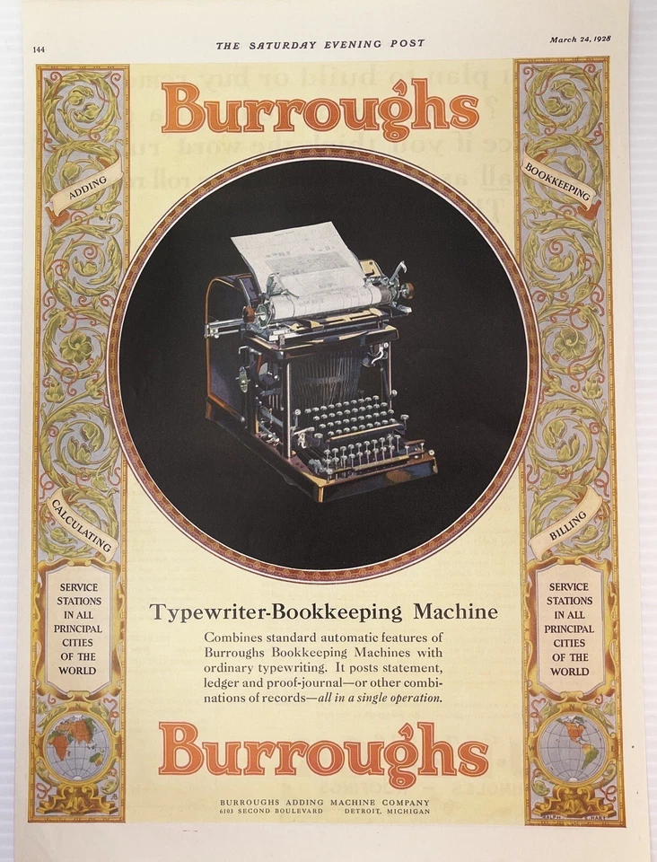1930 ~ Máquina de escribir Burroughs máquina de contabilidad ~ Decoración de oficina ~ Anuncio impreso vintage Foto 1 de 1