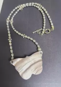 Unique Butterfly necklace; grey tones, appears to be oyster shell; - Picture 1 of 4