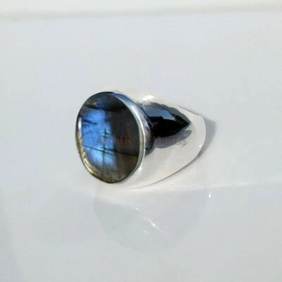 Naturale Labradorite Pietra preziosa con 14K Placcato Oro Bianco Argento Anello - Immagine 1 di 4