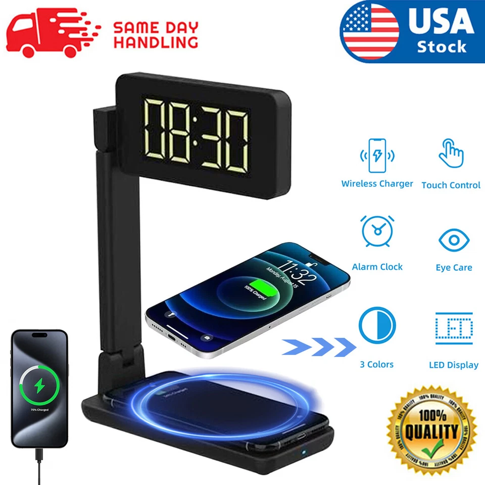 Bedside Night Light Desk Lamp w/ Wireless Charger USB Charging Port Clock Office - Image 1 of 4