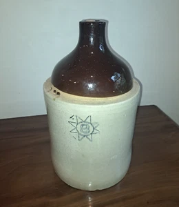 Antique Country Stoneware Dark Brown and Beige 3 Gallon Blue Star 16 " Tall Jug - Picture 1 of 6