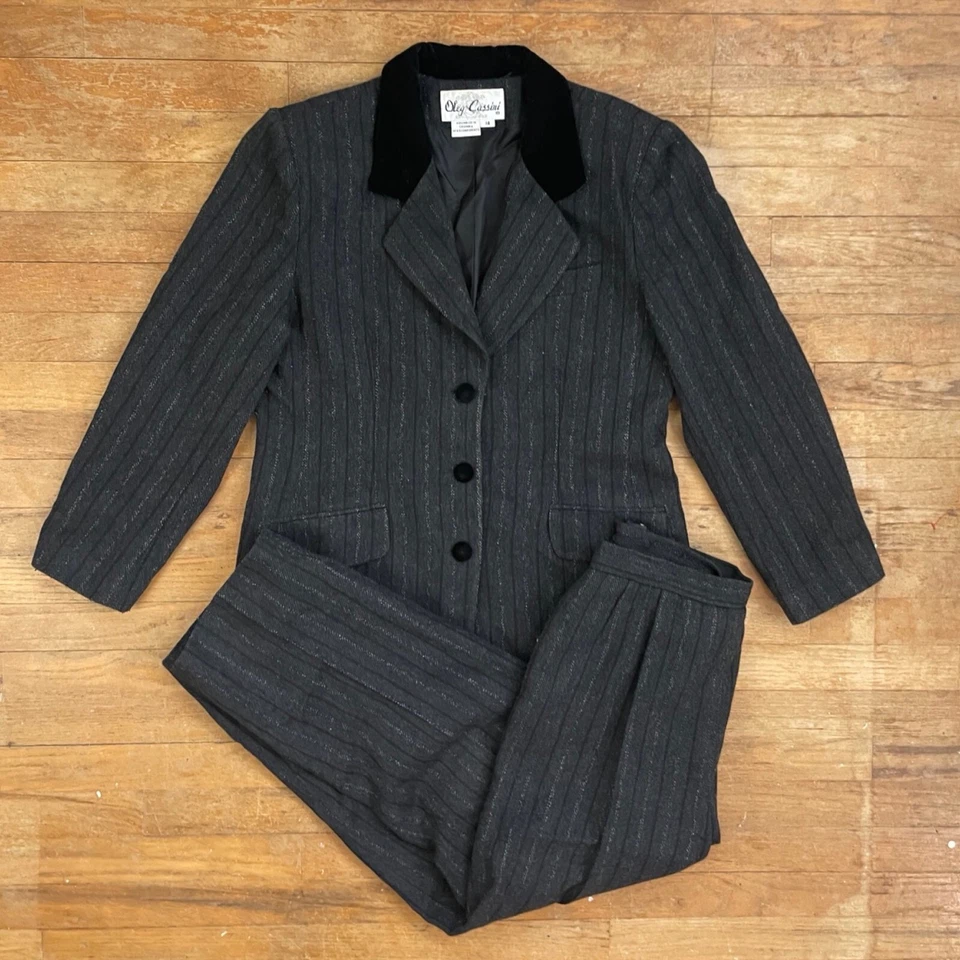 Vintage Wool Blend Suit Set Womens Size Large 1990s Striped Jacket & Pants Gray - Image 1 of 4