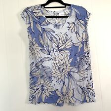 Halston Womens Medium Shirt 100% Linen Short Sleeve Blue Floral Button Back
