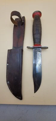 Cuchillo de caza Bowie hoja fija mango de cuero/rojo SCHRADE-WALDEN N.Y. EE. UU. Foto 1 de 3
