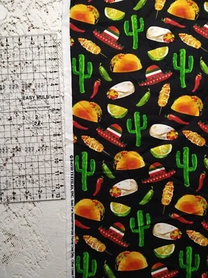 Mexican Street Food Tacos Jalapenos Cactus Fabric Cotton David Textiles 26" + - Image 1 of 4