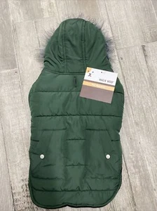 WAG n' WOOF GREEN NYLON HOODIE JACKET Fleece Lined Faux Fir Trim Puppy/Dog large - Picture 1 of 2