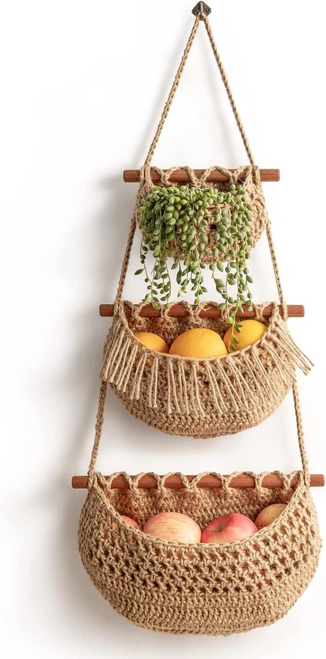 Hanging Fruit Basket, 3 Tier over the Door Organizer, Handmade Woven Jute Wal... - Image 1 of 1