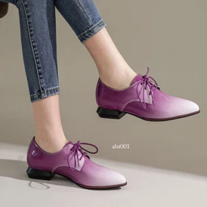 Women's Ladies Oxford Shoes Lace Up Brogue Flats Block Heel Pointed Toe Pumps - Picture 1 of 19
