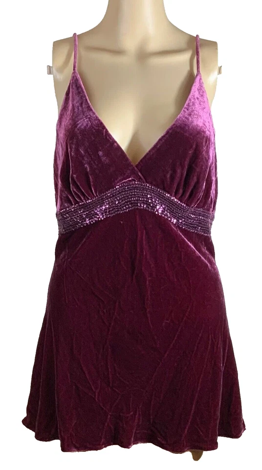 Express Velvet Babydoll Strap Top Women Large Purple Sequins Rayon Silk Y2K - Image 1 of 4
