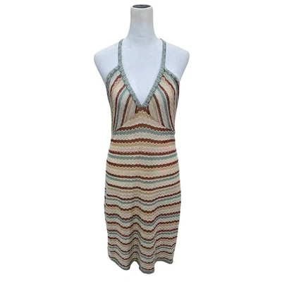 Mini vestido Missoni malha Bodycon tamanho 10 multicolorido listrado boho costas cruzadas - Imagem 1 de 4