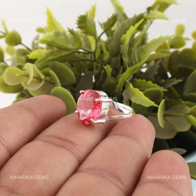 Anillo solitario ovalado natural rosa turmalina 925 plata declaración promesa de boda Foto 1 de 4