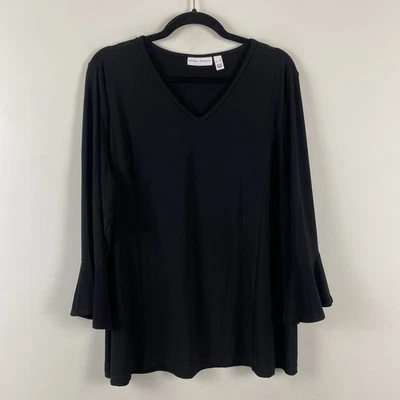 Susan Graver Liquid Knit Ruffle 3/4 Sleeves V Neck Stretch Top Size XL Black - Image 1 of 4