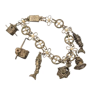 Antique Chinese Export Silver Filigree 6 Charm Bracelet - Picture 1 of 4