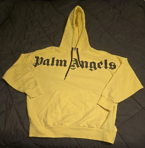 Autentica nuova felpa con cappuccio XL Palm Angels gialla logo in rilievo con certificato di autenticità