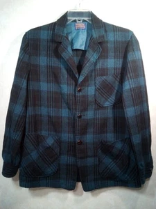 Vtg. Pendleton Shirt Blazer Men M Black Blue Virgin Wool Plaid Pockets 3 Buttons - Picture 1 of 24