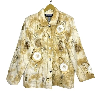 Винтажный индиго искусства носить куртка большой бежевый белый пейсли 3D цветочные блестки - Изображение 1 из 4