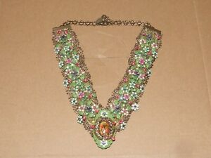 Michal Negrin Victorian Style Enamel & Crystal w/Floral Locket "V" Necklace 18"+
