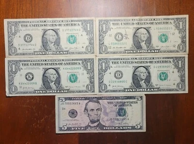 Mixed Bill Fancy Serial Numbers lot- 5 bill mix Triple Pairs notes ( 9. face) - Image 1 of 4
