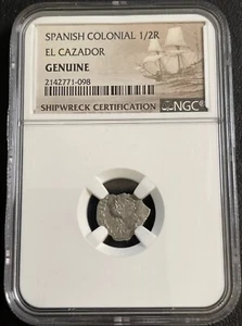Spanish Colonial 1/2R Reales El Cazador NGC Genuine 1784 Shipwreck Silver!! - Picture 1 of 2