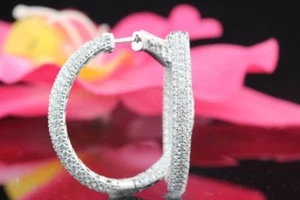 5.50 CT Micro Pave Inside Out Moissanite Hoop Earrings Real 925 Sterling Silver - Picture 1 of 5