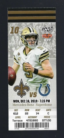 DREW BREES YOUCHDOWN RECORD #540 PASSES PEYTON MANNING - 2019 SAINTS TICKET Cover