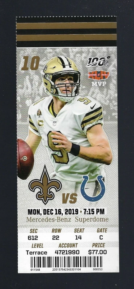 Drew Brees Youchdown Record #540 pases Peyton Manning - Boleto Saints 2019  Foto 1 de 1